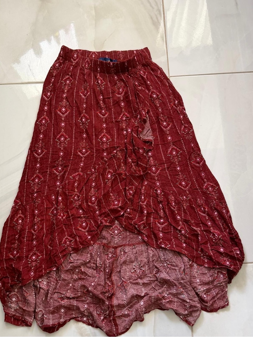 Blue Rain Red Patterned High-Low Ruffle Skirt